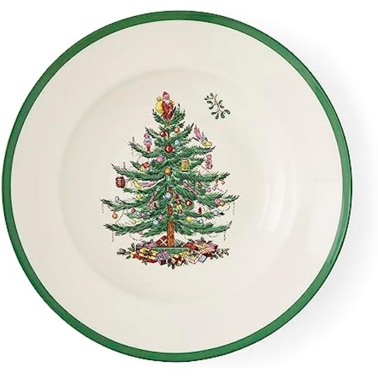 Spode Christmas Tree 9 Soup Plate (Set of 4) Stoneware Bowls with Festive Tree Design & Green Rim, Ideal for Serving Soup, Pasta, Salad Microwave & Dishwasher Safe Holiday Dinnerware