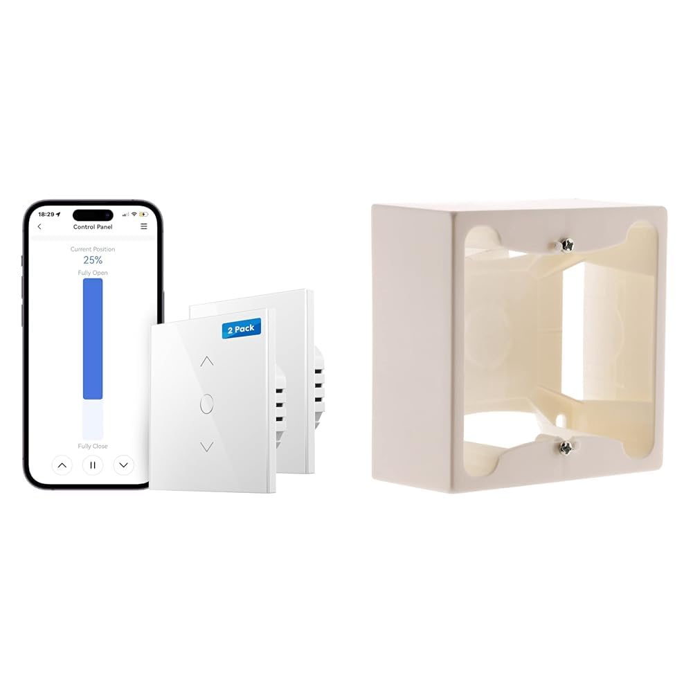 Meross Interrupteur Volet Roulant Connecté (FIL NEUTRE REQUIS), Interrupteur de Rideau & Cadre saillie 80 x 80 x 40 entraxe 60 mm blanc - Zenitech