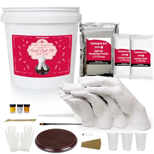 Falling in Art Hand Casting Kit Couples - Keepsake Plaster Hand Mold Kit for Family Kids Adults with Large Bucket Gloves Powder Materials Color Paints Wooden Base Valentines Day Gift