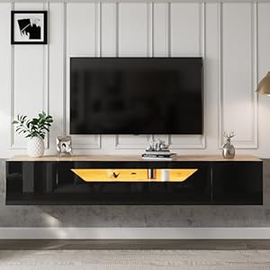 Merax Meuble TV Mural Suspendu Moderne, Support TV pour Téléviseur 75 Pouces,3 Compartiments de Rangement, Éclairage LED Bluetooth,Design Flottant (180 x 37 x 36 cm) - Noir/Chêne Naturel