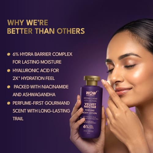 Image of WOW Skin Science Velvet Nectar Perfume Body Lotion | 6% Hydra Barrier Complex | Hyaluronic Acid, Niacinamide & Ashwagandha | Allergen-Screened Perfume Blend | 2X Hydration & Long-Lasting Scent | 200 ml