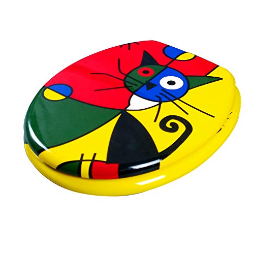 Round Toilet Seat, Wide Choice of Beautiful Toilet Seats, Anti-Bacterial, Easy Clean and Strong Hinges, Toilet Lid Cover for Family Bathroom (Cartoon Cat)