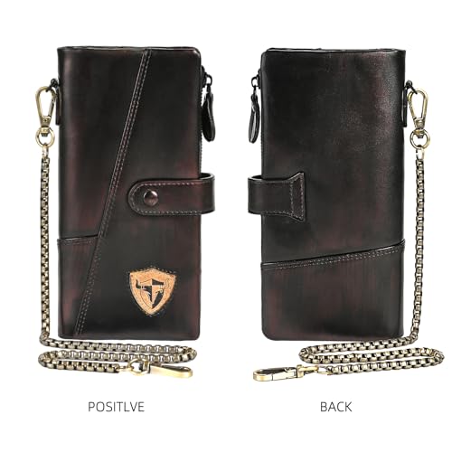 Image of Genuine Crazy Horse Leather Travel Gift Coin Pocket Card Case Long Organizer Chain Rfid Wallet Purse With Snap For Men Male 1803 1815 (1803 Brown 26a)
