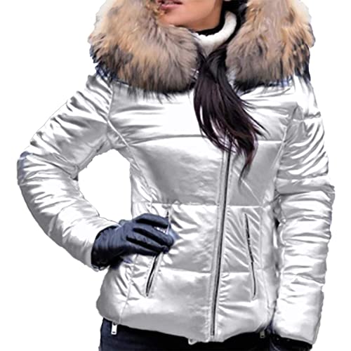 Zldhxyf Chaqueta de felpa para mujer, chaqueta corta de algodón informal con cuello suelto y capucha para mujer, chaqueta de equitación para mujer, invierno, plata, L Cover