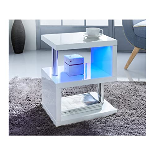 High Gloss 2 Tier Side Coffee Table With LED Light Stunning Design Modern Look With Steel Tubes Living Room Decoration White Battery Operated