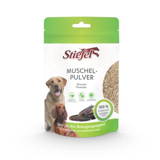 Stiefel Muschelpulver für Hunde, 100% naturbelassen, reines Naturprodukt aus neuseeländischer Grünlippmuschel, unterstützt den gesamten Bewegungsapparat, das Bindegewebe & die Gelenkfunktion, 100g