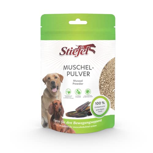 Stiefel Muschelpulver für Hunde, 100% naturbelassen, reines Naturprodukt aus neuseeländischer Grünlippmuschel, unterstützt den gesamten Bewegungsapparat, das Bindegewebe & die Gelenkfunktion, 100g