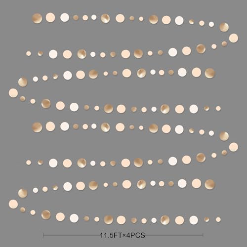 46Ft Champagne Gold Circle Dots Garland Party Decorations Gold Cream Beige Hanging Paper Polka Dots Streamer for Birthday Wedding Bridal Baby Shower Bachelorette Anniversary Boho Party Decoration