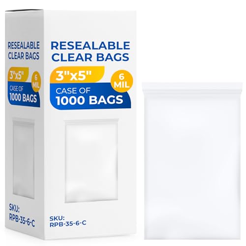 Paclord Extra Small 3" x 5" Reclosable Poly Zip Seal Lock Bag 6 Mil Thickness, 20 Clear Resealable Bags (Case of 50 Packs) with Extra Durability, Waterproof and Airtight Heavy Duty Bags