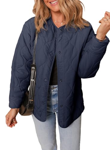 Dokotoo Womens Jacket Winter Clothing for Women Long Sleeve Drop Shoulder Quilted Jackets Solid Color Open Front Button Up Warm Puffer Jacket Fall Clothes 2025 Padded Coats with Pockets Blue M