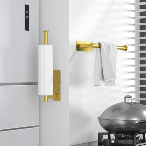 Image of ASTOFLI Paper Towel Holder Under Cabinet No Drilling, Self Adhesive Paper Towel Holder Wall Mount for Kitchen Rack, Under Counter Napin Holder No Drill, RV, 304 Stainless Steel, Gold Brass 2 Pack