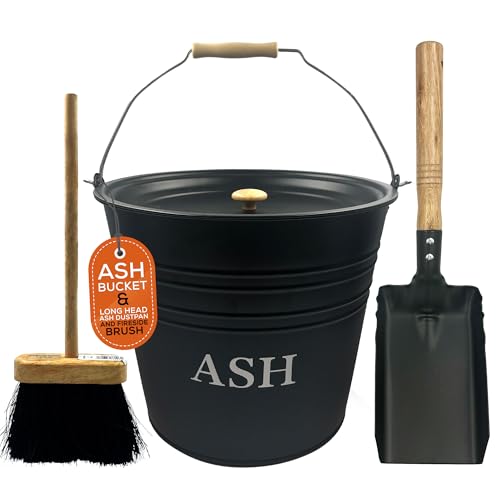Cottagewright Ash Bucket with Lid and Dustpan and Brush - Essential Log Burner Accessories Coal Bucket for Safe Ash Storage & Fireplace Maintenance Durable Metal Construction