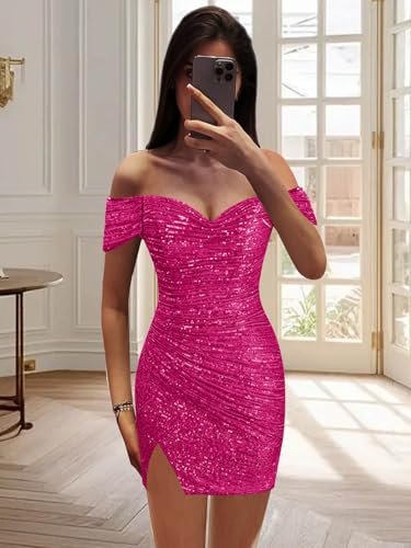 Women's Sequin Homecoming Dresses Off Shoulder Pleated Tight Short Prom Dress Formal Cocktail Party Gowns3