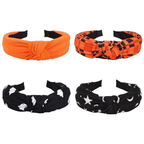 Bookay Halloween Headbands for Women Ghost Moon Star Wide Knot Heabdand for Teen Girls Fall Orange Plaid Hair Accessories Hair Hoop Halloween Party Outfit Gifts