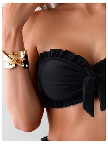 SOLY HUX Women's Bandeau Bikini Set Tie Knot Front Frill Strapless High Waisted Bathing Suit Two Piece Swimsuit4