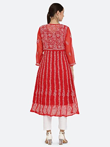 Image of FAWOMENT Women's Georgette Yok Anarkali Kurta with Intricate Lucknowi Chikankari Fine Hand Crafted Embroidery