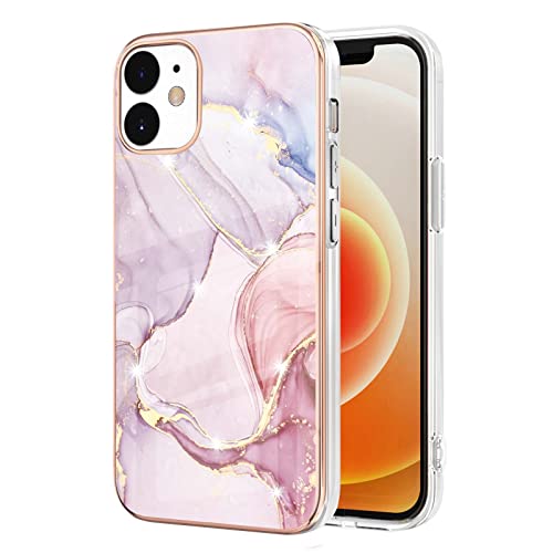 Knoowcase for iPhone 12 Case Marble Silicone Cover Shockproof Bumper Glitter Plated Gold Edges Protective Flexible TPU Rubber Skin Case for iPhone 12 Pro Women,Rose Gold