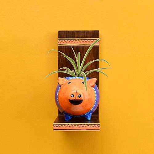 Image of AAKRITI ART CREATIONS Piggy Wall Decor Shelf with Earthen Planter | Handmade Wooden Wall Hanging Shelf with Terracotta Planter | Matte Finish Decorative Wall Art for Living Room, Balcony & Gifting