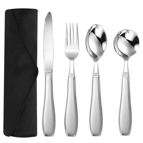 Weighted Utensils for Hand Tremors and Parkinsons Patients, Weighted Stainless Steel Flatware Set, Adaptive Eating Flatware Helps Hand Tremors, Parkinson, Arthritis, Knife, Fork, 2 Spoons and Bag