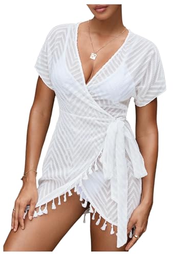 SweatyRocks Women's Fringe Sheer Wrap Beach Cover Up Dress Short Sleeve V Neck Swimsuit Coverup