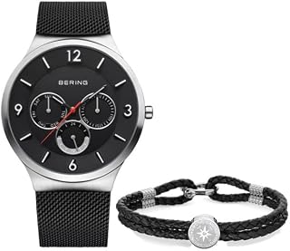 BERING męski zestaw analogowych zegarków kwarcowych z kolekcji Classic i czarny pasek ze skóry cielęcej 33441-102-GWP