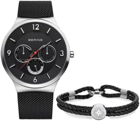 BERING męski zestaw analogowych zegarków kwarcowych z kolekcji Classic i czarny pasek ze skóry cielęcej 33441-102-GWP