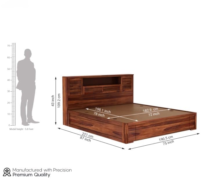 Image of Solid Sheesham Wood Bed with Storage | Wooden Bed with Drawer Storage & Designer Headboard | Strong & Durable Bed Frame for Bedroom Home & Hotel (Honey Finish, King)