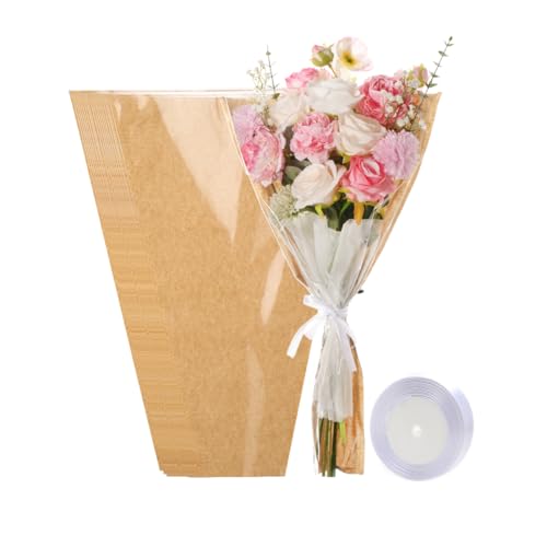 HSONAIGEE 50 Pieces Flower Bouquet Wrapping Paper, 22 x 14.2 Inch Extra Large Flower Bags for Bouquets Kraft Floral Wrap Sleeves with Ribbons for Home Mother’s Day Wedding Flower Bar Supplies