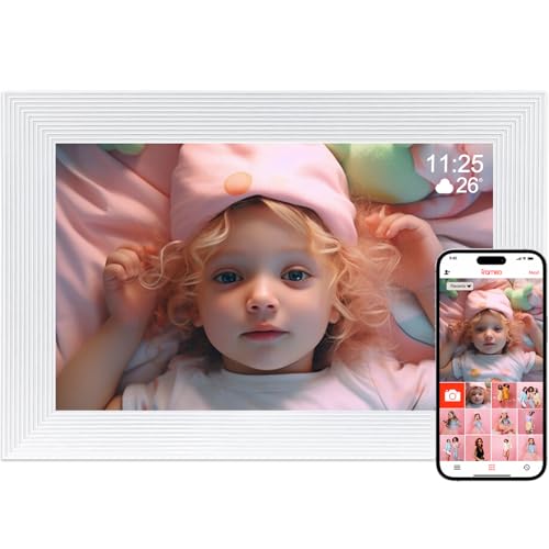 Golony Frameo Digitaler Bilderrahmen WLAN,10.1 Zoll Digitale Photo Frame,1280x800 IPS Touchscreen,32GB Automatisch drehbar,Teilen Sie Fotos und Videos mit Ton Sofort über Frameo APP von überall, Weiß