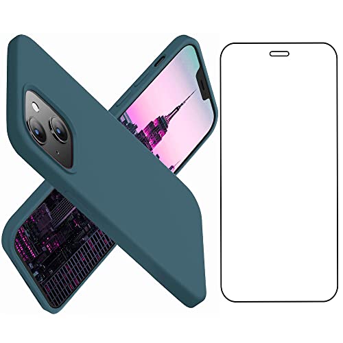 INTOBAS Liquid Silicone Case Hülle Kompatibel mit iPhone 13 (6.1”) & Schutzfolie Aus Gehärtetem Glas, Stoßfeste 3-Struktur-Abdeckung, Weiche Mikrofaser Verhindert Kratzer (Dunkelblau) Cover