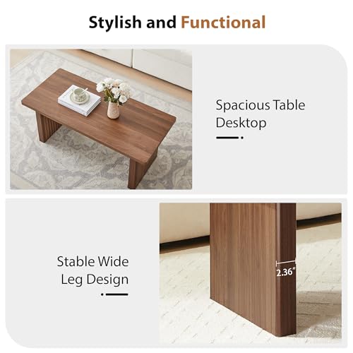 Image of Rectangular Fluted Coffee Table, Farmhouse Wood Coffee Table Mid Century Modern Center Table Boho Living Room Tables for Living Room Office (Walnut, 19.69 inch D x 43.3 inch W x 17.72 inch H)