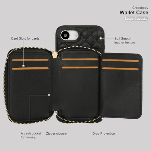 Bocasal Crossbody Wallet Case for iPhone 16e, RFID Blocking PU Leather Zipper Handbag Purse Flip Cover, Kickstand Folio Case with Card Slots Holder Wrist Strap Lanyard 6.1 Inch 5G (Black)