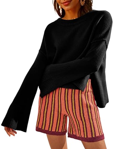 Image of Sweaters for Women Bell Long Sleeve Crewneck Side Slit Fall Winter Casual Oversized Pullover Knit Sweater Top (Black-S)