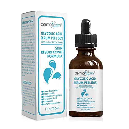 Dermaxgen GLYCOLIC ACID 50% Professional Grade RESURFACING Serum Pure Organic Chamomile + Green Tea Extracts + Hyaluronic Acid For Wrinkles, Fine Lines, Smooth & Fade Scars, hyperpigmentation (1 FL OZ)