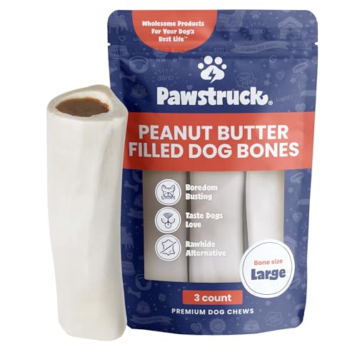 Pawstruck Large 5-6 Filled Dog Bones Peanut Butter Flavor - Made in USA Long Lasting Stuffed Femur for Aggressive Chewers Dental Treat - Pack of 3 Packaging May Vary