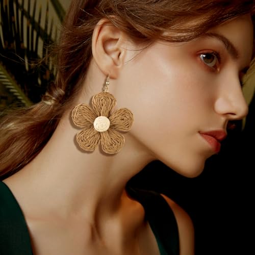Image of Handmade Raffia Hoop Earrings Statement Tropical Bohemian Straw Dangle Earrings Natural Rattan Vacation Style Round Earrings for Women Summer Beach Party Essential Jewelry