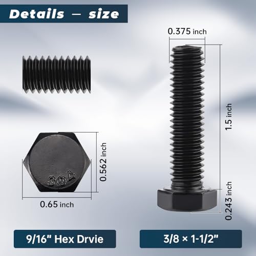 Image of Glvaner 3 /8-16 x 1-1 /2 inch Stainless Steel Hex Head Screws Bolts, Black Coated, 304 Stainless Steel 18-8, Hexagon Head Bolts, Full Thread, 10 pcs