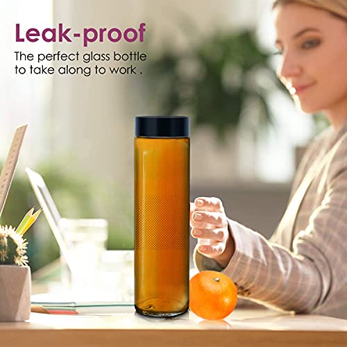 Vency Glass Fridge Water Bottle with Black Plastic Cap | Set Wide Mouth| with AirTight Leak Proof Reusable Black Plastic Lids | Juicing, Smoothies, Beverage Storage | Reusable (750ml)(Set of 4)