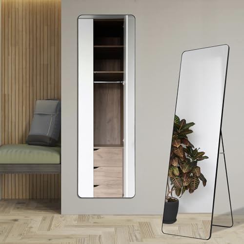 Image of Artspire Home Elegant Round Corner Wall Mirror | Aluminium Frame, Explosion-Proof Sheet with Stand | Dressing Mirror for Bedroom, Entryway, Walk-in Closet & Foyer Home & Office (Black, 50x160CM)