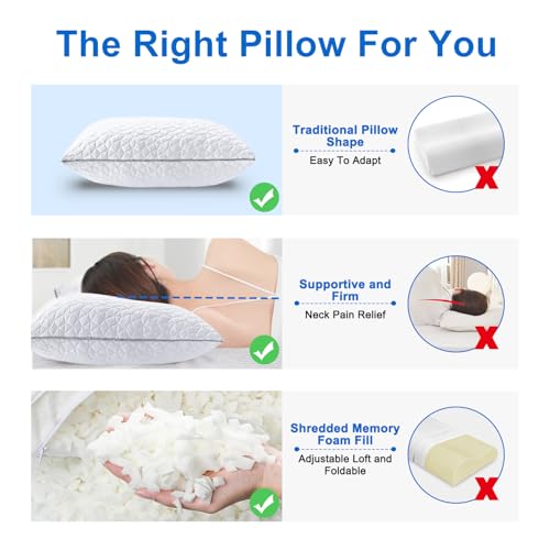 Image of Cooling Shredded Memory Foam Pillows Queen Size Set of 2, 20 inch x 30 inch, White