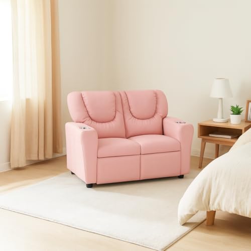 Image of Naomi Home Suri Kids Recliner Loveseat with Cup Holders & Footrests, Pink Faux Leather - Cozy 2-Seater Lounge for Children