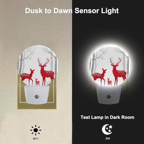 Image of Deer Plug in Night Light Red Christmas Deer Birch Tree Winter Trunk Antler Wildlife Xmas Plug-in Nightlight Auto Sensor LED for Boys Girls Men Women Bedroom Bathroom Decor, LEDLAMP3009