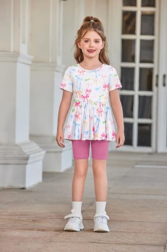Image of Arshiner Girls Summer Outfits Short Sleeve Ruffle Hem Top and Biker Shorts Set Girl Clothes 4-15 Years