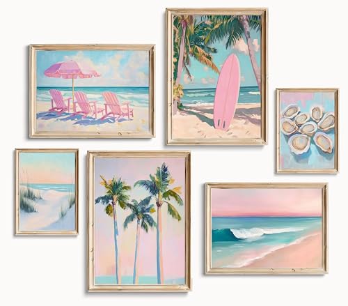 LBARTXY 6Pcs Pastel Beach Wall Art Prints Summer Coastal Granddaughter Palm Tree Oyster Posters Ocean Landscape Preppy Beachy Aesthetic Wall Decor Pictures Girly Dorm Gallery Decoration Unframed