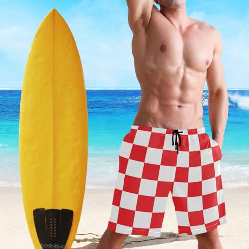 Red and White Checkerboard Plaid Men's Beach Shorts Swim Trunks Men Board Shorts Quick Dry with Mesh Lining Pockets4