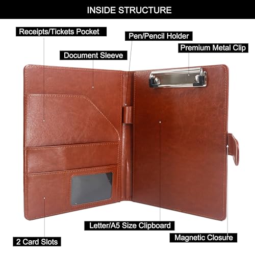 GraduatePro A5 Clipboard Folder with Storage Leather Waterproof Magnetic Conference Presenter Document Business Organizer Sleeves Brown - Image 2