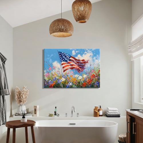 Image of RIBNTAK Made in USA 4th of July Canvas Print Wall Art, Impressionist American Flag & Wildflowers Painting Artwork for Living Room, Patriotic Independence Day Pictures, Americana Home Decor