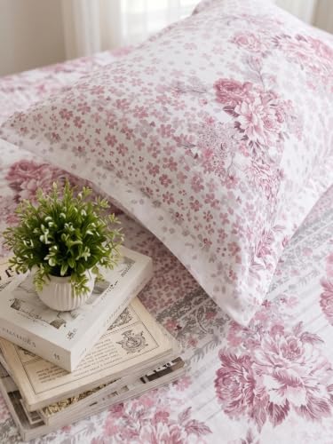 Image of Mafatlal 186 TC Spring Glory 100% Cotton Single Flat Bedsheet | 60 x 90 Inches | Soft & Breathable Floral Printed Bed Linen | Includes 1 Matching Pillow Cover | Pastel Pink
