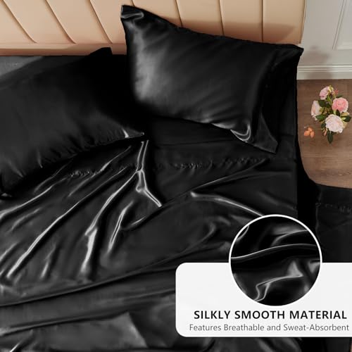 CozyLux Satin Sheets Queen Size 4-Pieces Silky Sheets Microfiber Black Bed Sheet Set with 1 Deep Pocket Fitted Sheet, 1 Flat Sheet and 2 Pillowcases, Smooth and Soft