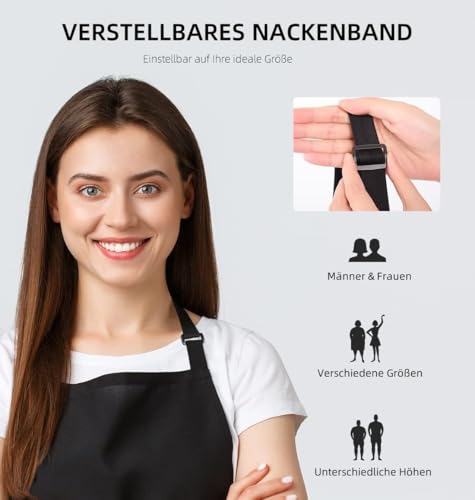 Voarge Schwarze Herren- und Damenschürze, wasserdichte Schürze mit 2 Taschen, verstellbarer Nackenriemen Schürze für Küche, Kochen, Backen, Küche, Restaurant und Café
